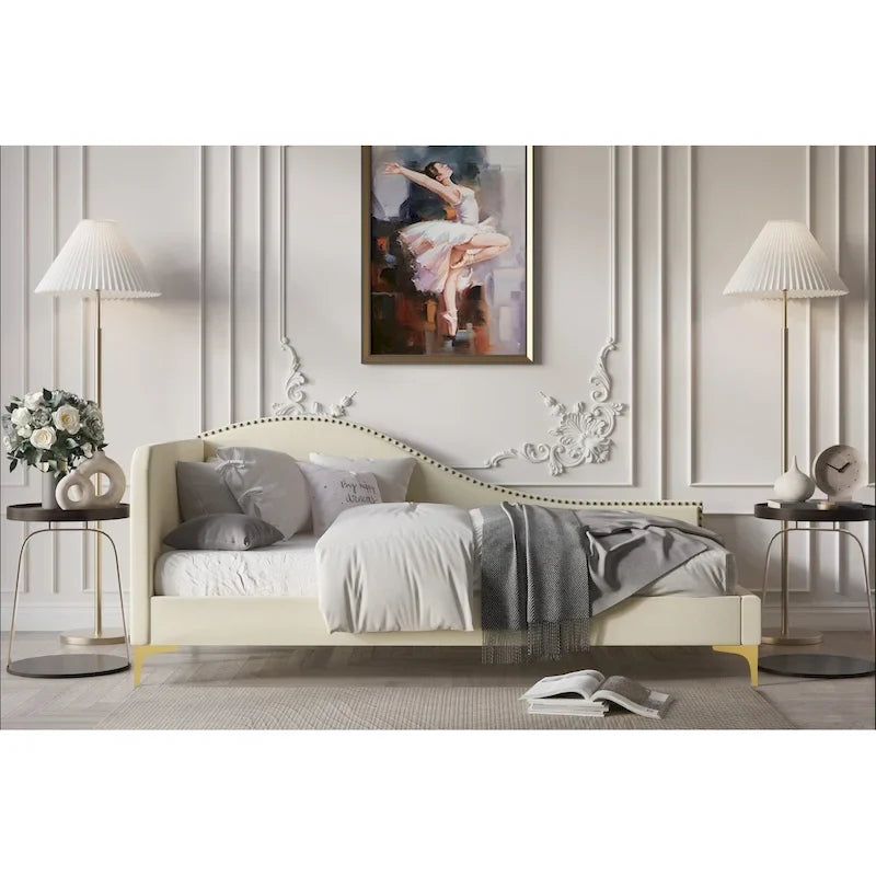 Polyester Upholstered Twin Daybed - One Arm - Gold Legs - Grey/Beige/Black