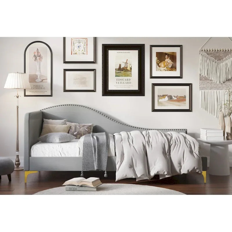 Polyester Upholstered Twin Daybed - One Arm - Gold Legs - Grey/Beige/Black