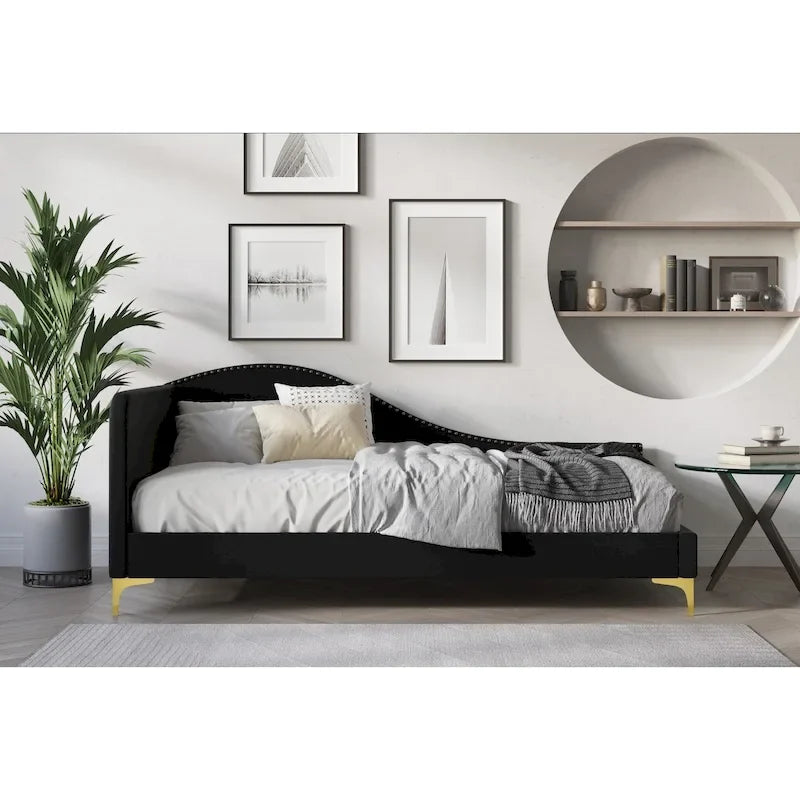 Polyester Upholstered Twin Daybed - One Arm - Gold Legs - Grey/Beige/Black
