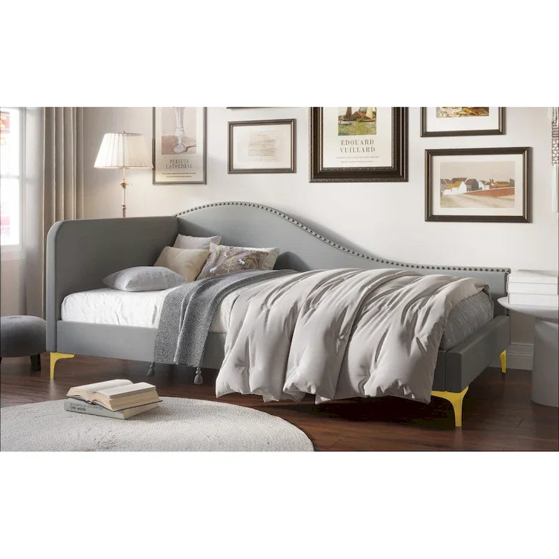 Polyester Upholstered Twin Daybed - One Arm - Gold Legs - Grey/Beige/Black