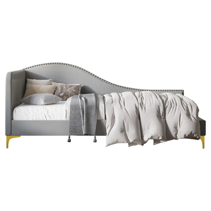 Polyester Upholstered Twin Daybed - One Arm - Gold Legs - Grey/Beige/Black