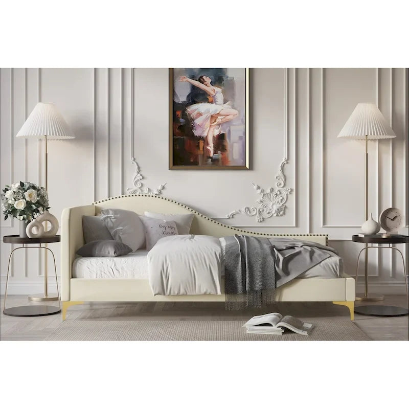 Polyester Upholstered Twin Daybed - One Arm - Gold Legs - Grey/Beige/Black