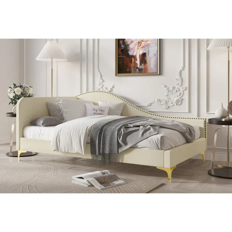 Polyester Upholstered Twin Daybed - One Arm - Gold Legs - Grey/Beige/Black