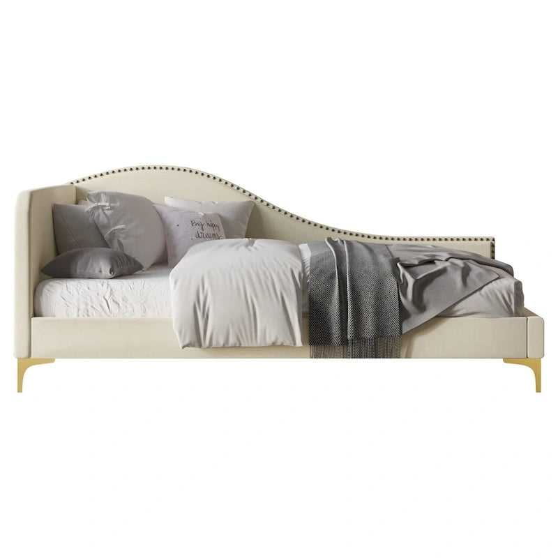 Polyester Upholstered Twin Daybed - One Arm - Gold Legs - Grey/Beige/Black
