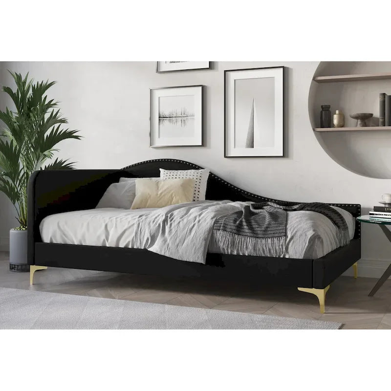 Polyester Upholstered Twin Daybed - One Arm - Gold Legs - Grey/Beige/Black