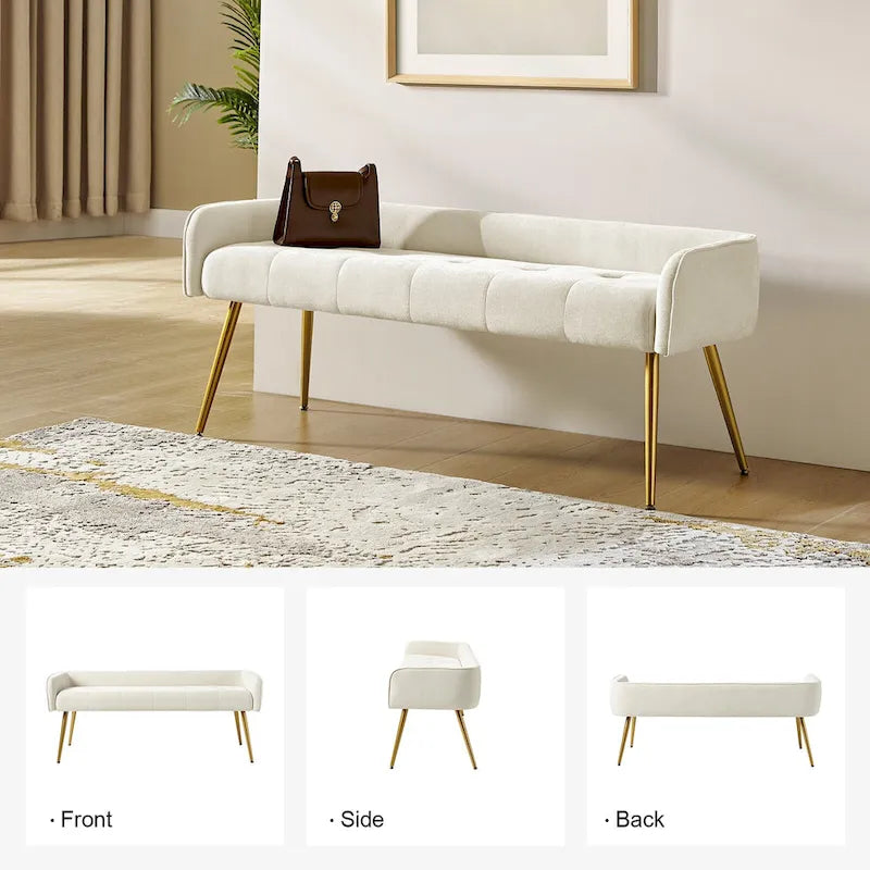 Luis Modern Upholstered Low Back Bench with Sturdy Golden Metal Tapered Leg by HULALA HOME