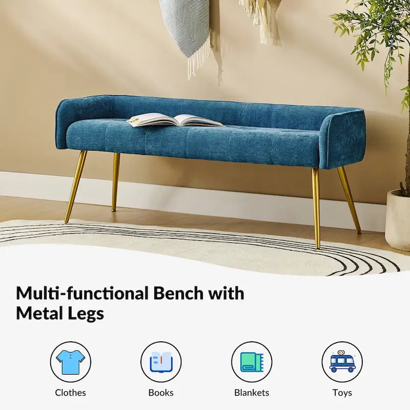 Luis Modern Upholstered Low Back Bench with Sturdy Golden Metal Tapered Leg by HULALA HOME