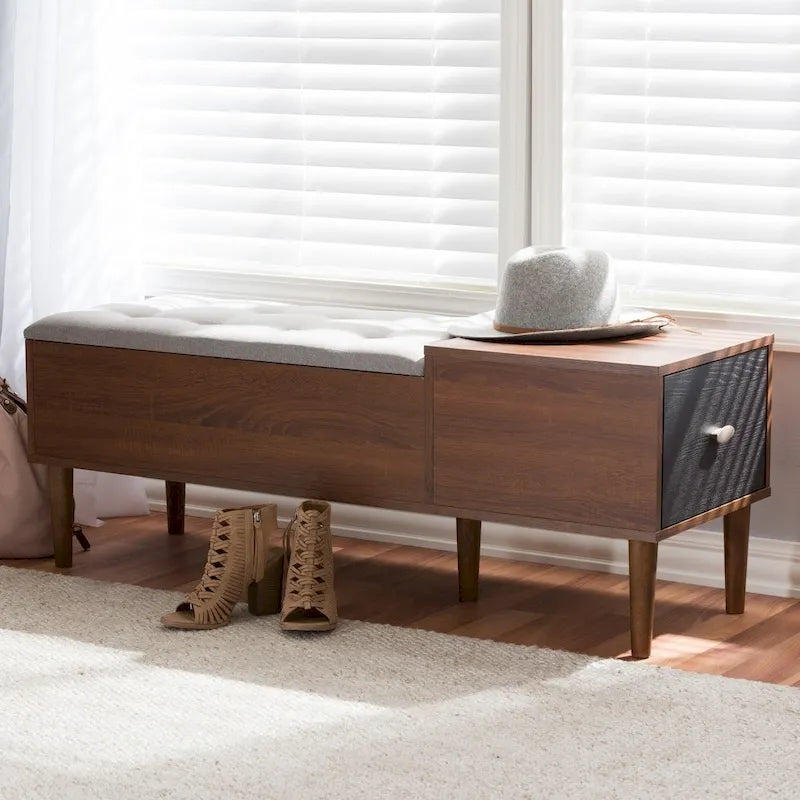 Two-Tone Storage Bench - 1 Drawer - Lift-Top Seat - Walnut/Oak