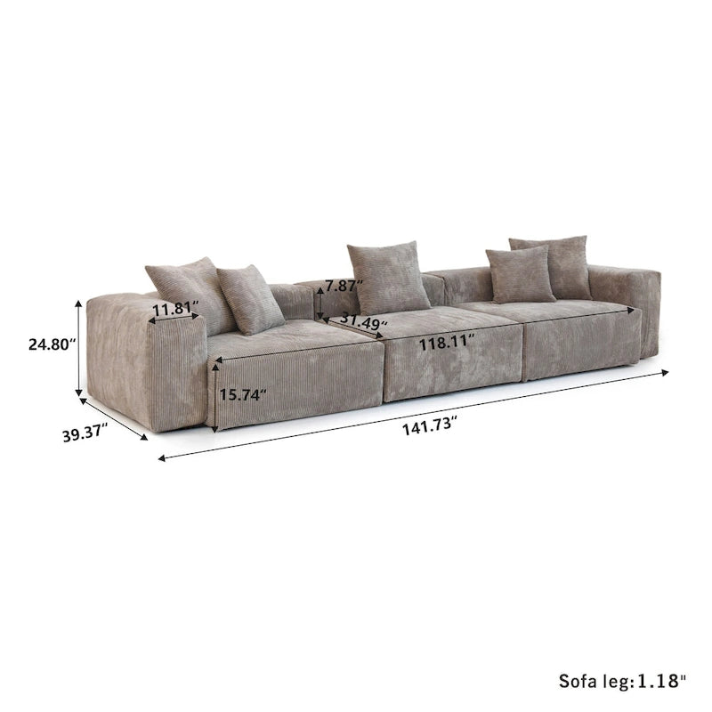 Gray Corduroy Modular Sectional Sofa 3-Seater