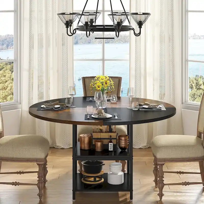 White & Gold Round Dining Table - 47 - Seats 4 - with Storage Shelf