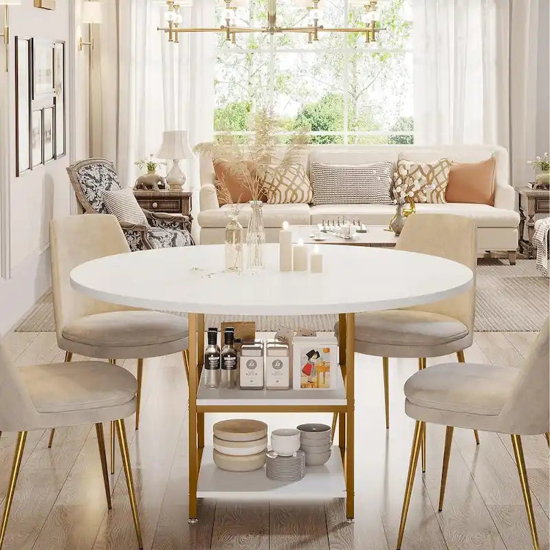 White & Gold Round Dining Table - 47 - Seats 4 - with Storage Shelf