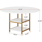 White & Gold Round Dining Table - 47 - Seats 4 - with Storage Shelf