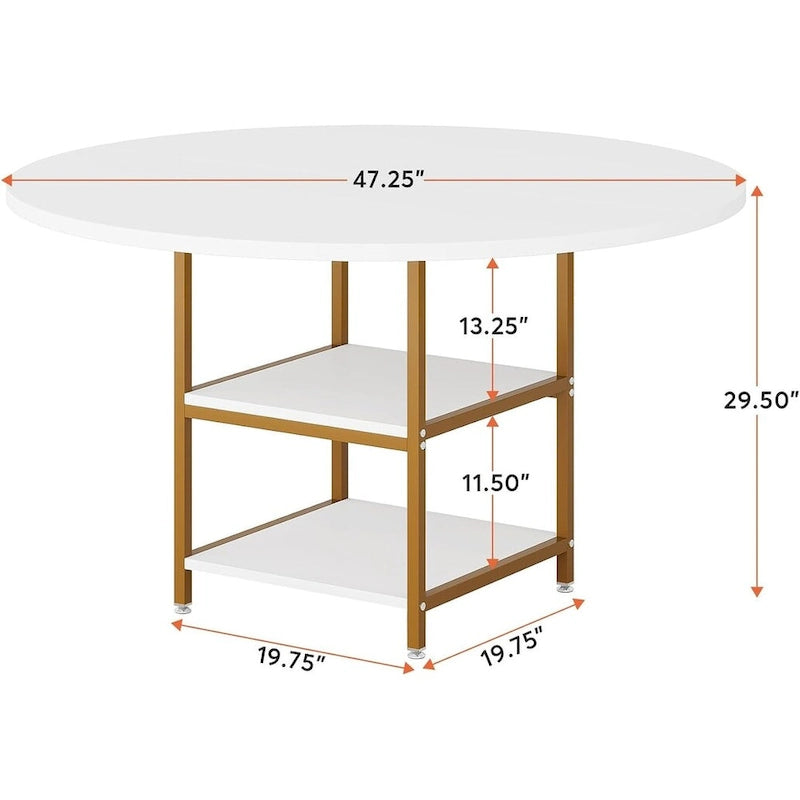 White & Gold Round Dining Table - 47 - Seats 4 - with Storage Shelf