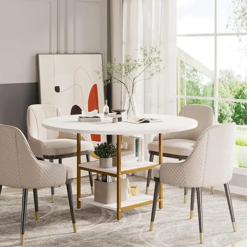 White & Gold Round Dining Table - 47 - Seats 4 - with Storage Shelf
