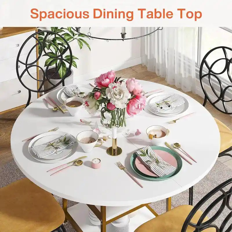 White & Gold Round Dining Table - 47 - Seats 4 - with Storage Shelf