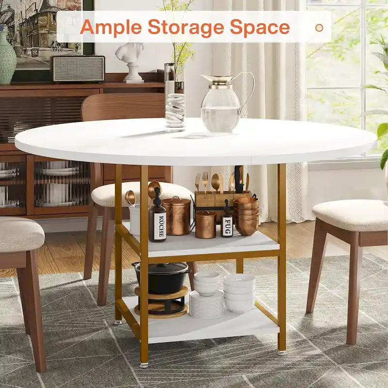 White & Gold Round Dining Table - 47 - Seats 4 - with Storage Shelf