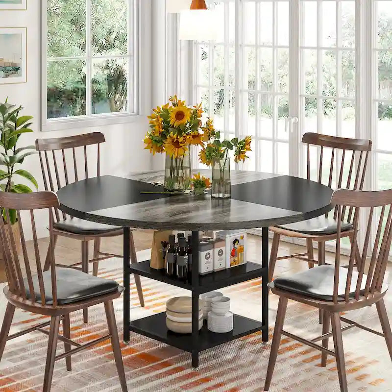White & Gold Round Dining Table - 47 - Seats 4 - with Storage Shelf