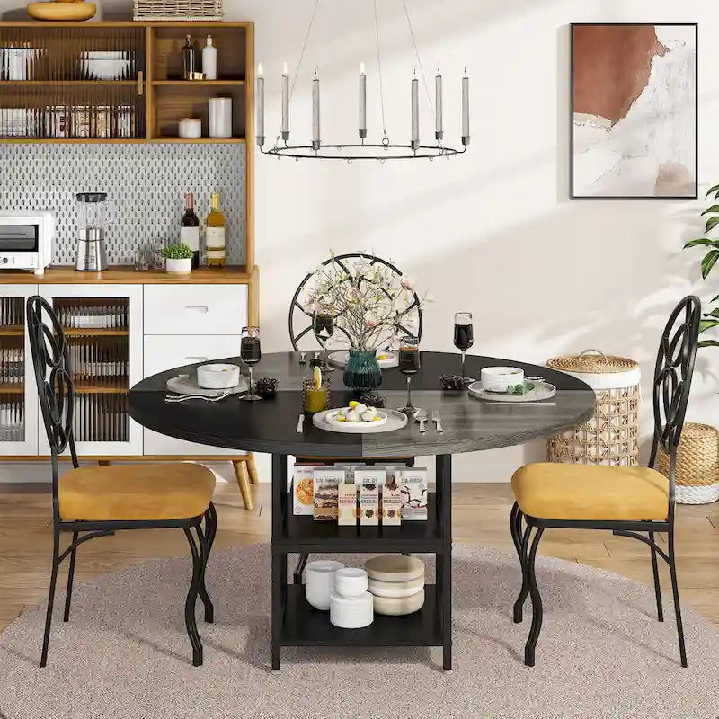 White & Gold Round Dining Table - 47 - Seats 4 - with Storage Shelf