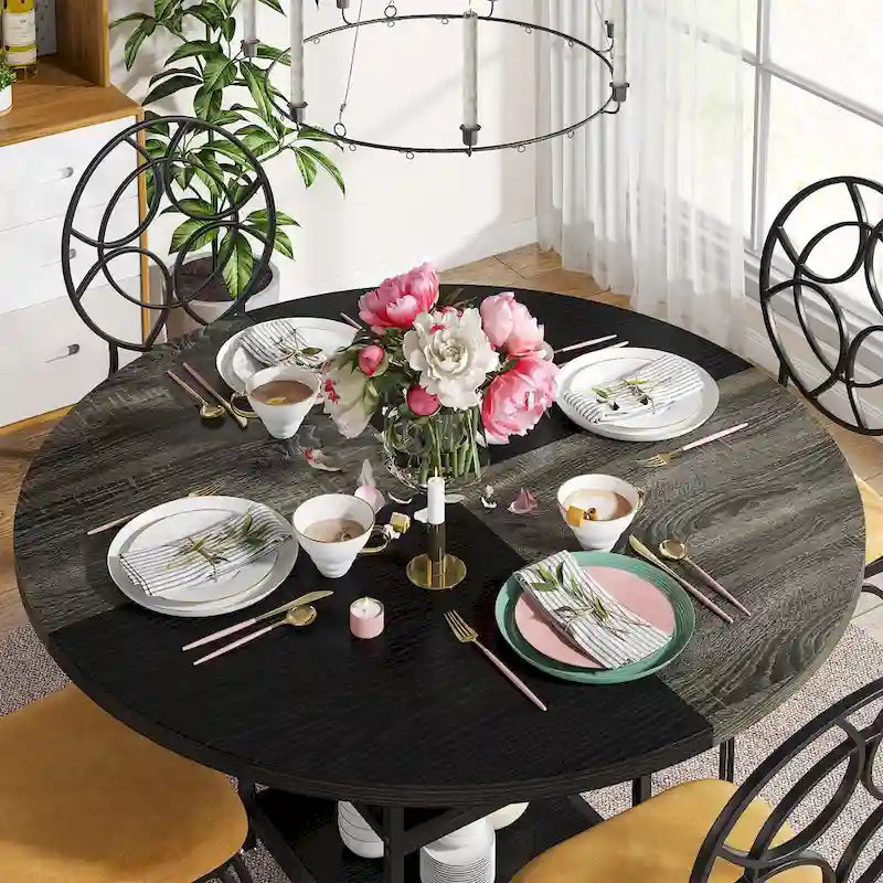 White & Gold Round Dining Table - 47 - Seats 4 - with Storage Shelf