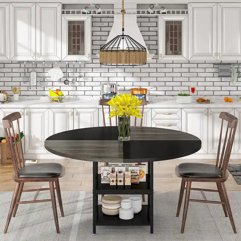 White & Gold Round Dining Table - 47 - Seats 4 - with Storage Shelf