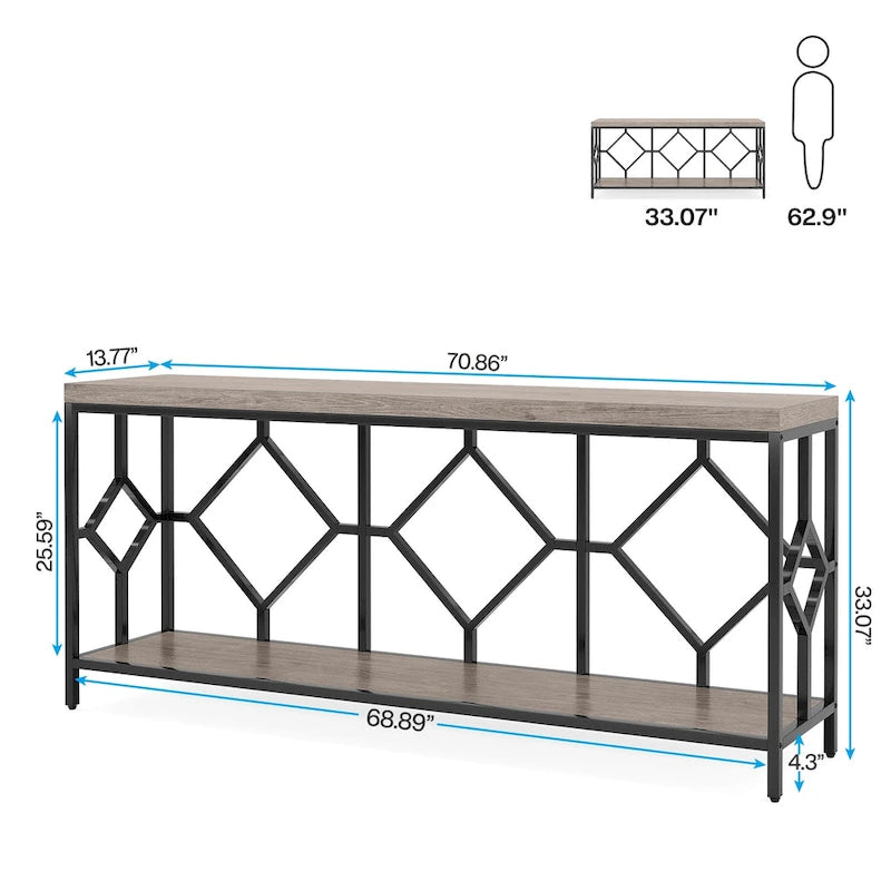 70.9 Inch Sofa Console Table with Open Storage Shelf, Industrial Narrow Extra Long Sofa Tables Entry Table Behind Couch Table