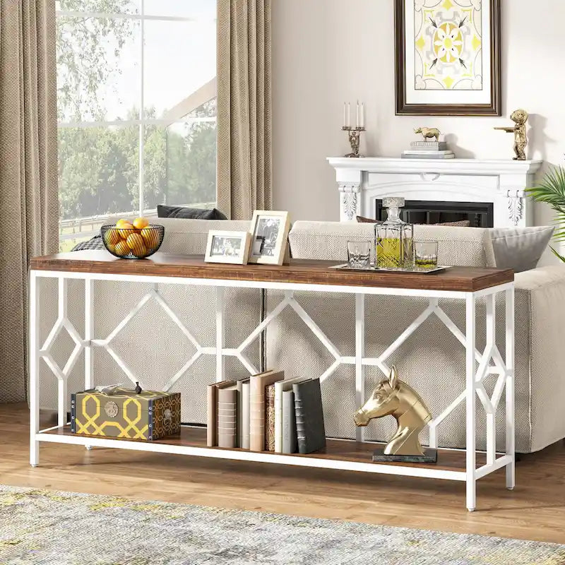 70.9 Inch Sofa Console Table with Open Storage Shelf, Industrial Narrow Extra Long Sofa Tables Entry Table Behind Couch Table