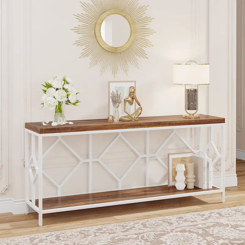 70.9 Inch Sofa Console Table with Open Storage Shelf, Industrial Narrow Extra Long Sofa Tables Entry Table Behind Couch Table