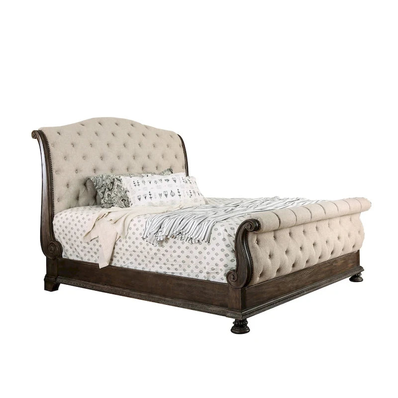 Brev Rustic Beige Tufted Fabric Sleigh Bed