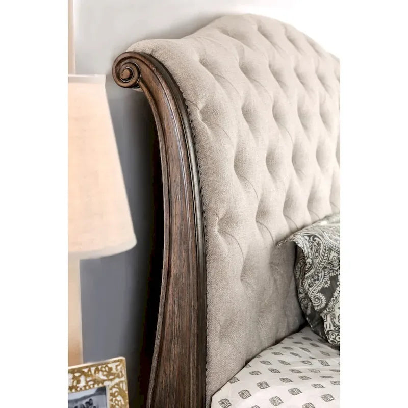 Brev Rustic Beige Tufted Fabric Sleigh Bed