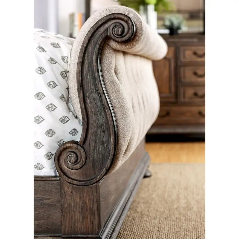 Brev Rustic Beige Tufted Fabric Sleigh Bed