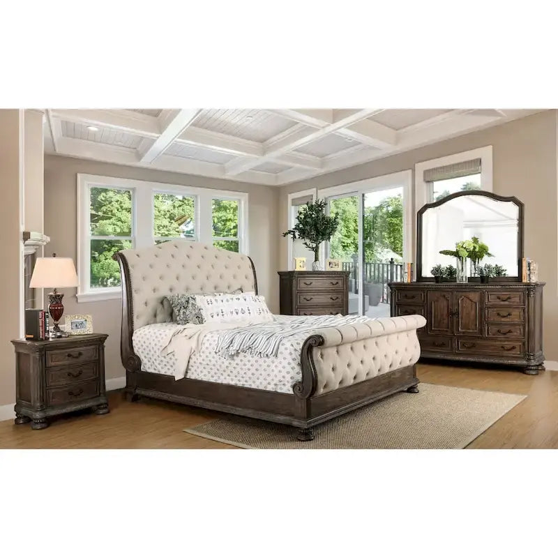 Brev Rustic Beige Tufted Fabric Sleigh Bed