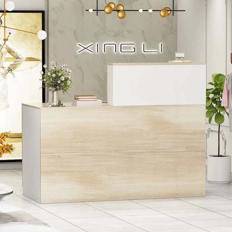 Reception Desk Wood Front Counter Table w/ Lockable Storage by Timechee