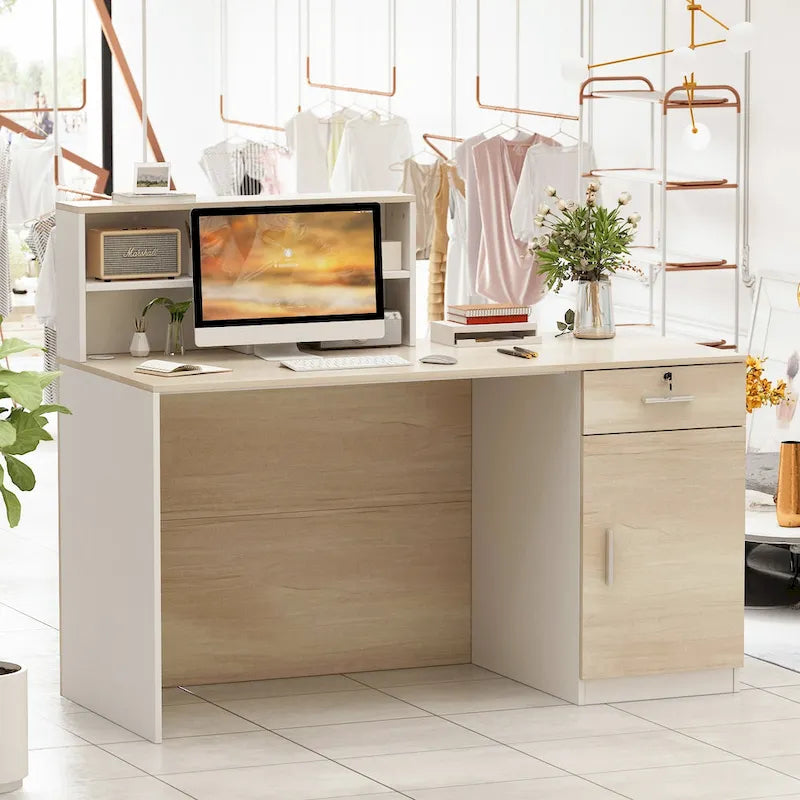 Reception Desk Wood Front Counter Table w/ Lockable Storage by Timechee