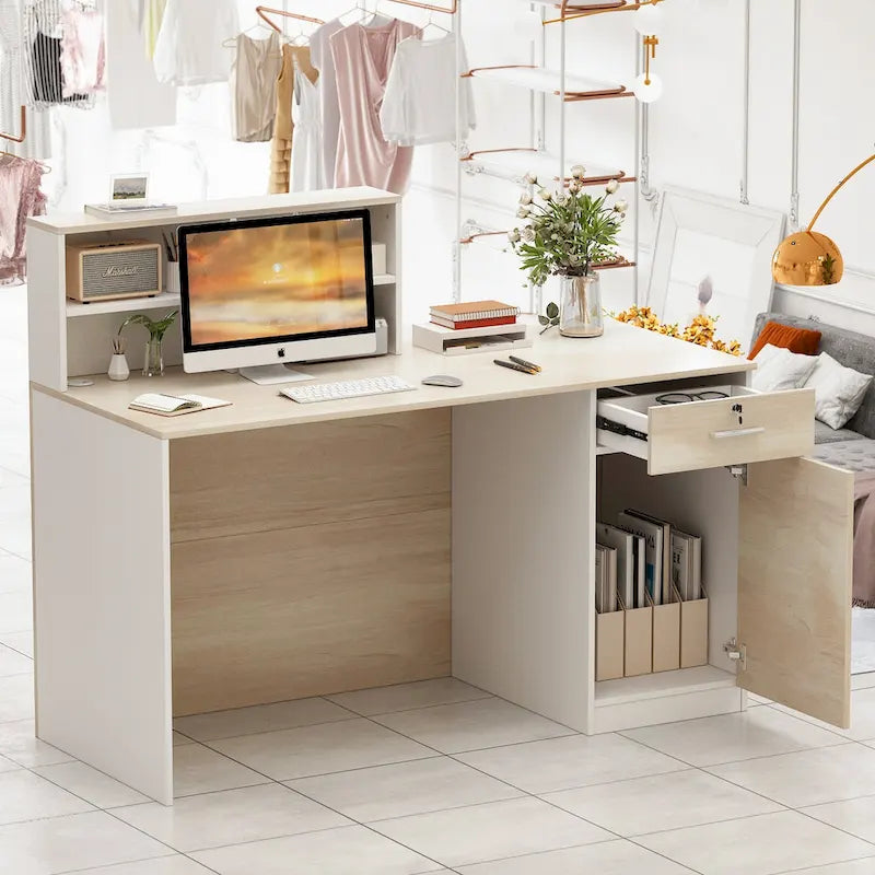 Reception Desk Wood Front Counter Table w/ Lockable Storage by Timechee