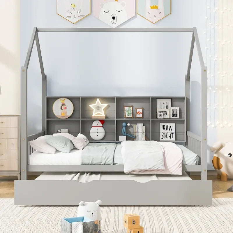 Wooden Full Size House Bed with Trundle,Kids Bed with Shelf