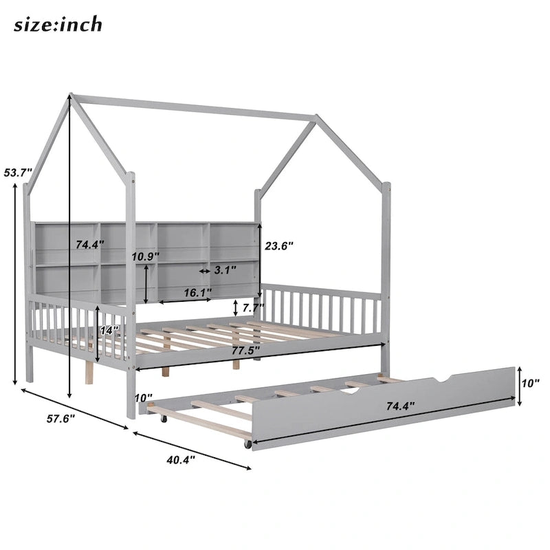 Wooden Full Size House Bed with Trundle,Kids Bed with Shelf