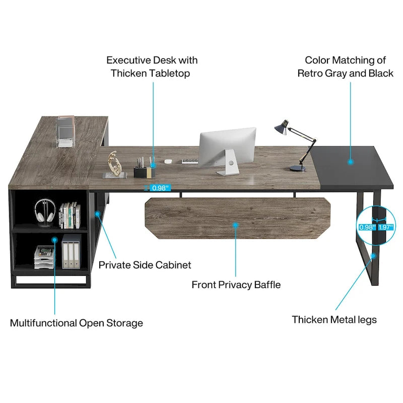 70.8 Executive Desk L-Shaped Office Computer Desk with 55 File Cabinet