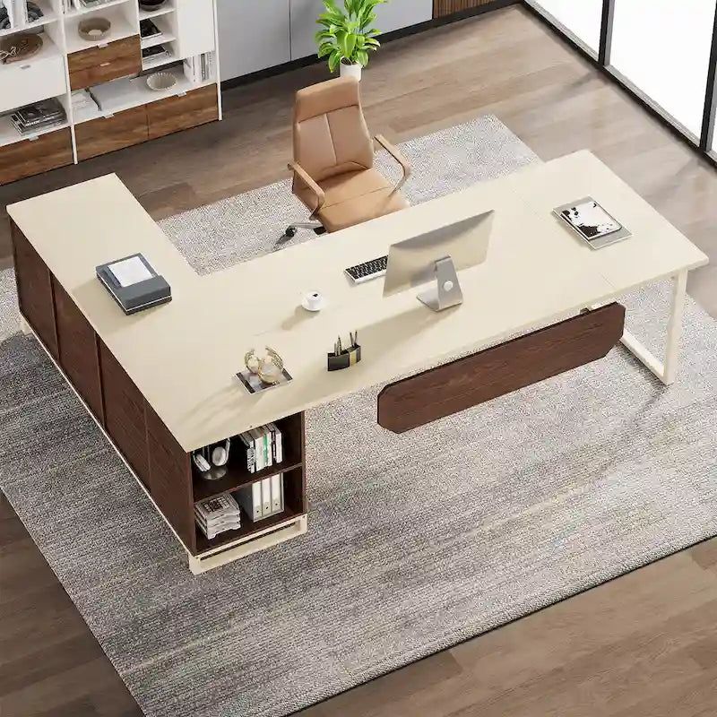 70.8 Executive Desk L-Shaped Office Computer Desk with 55 File Cabinet