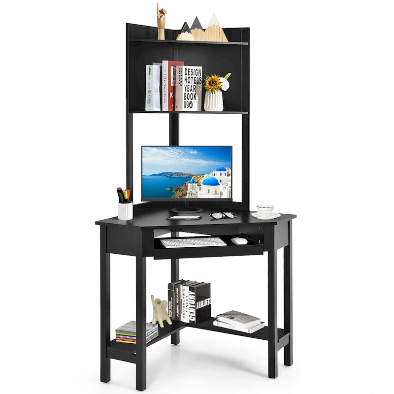 Triangle Corner Desk with Hutch - Bookshelves - Keyboard Tray - Black/White