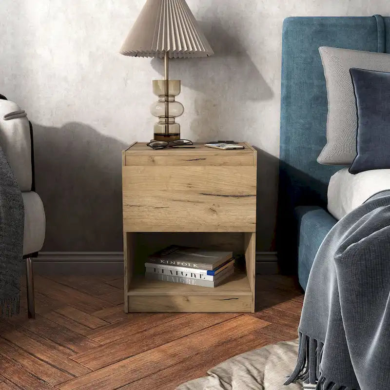 DH BASIC Rustic Light Oak 1-Drawer Nightstand with Charge Stand and Open Shelf by Denhour