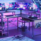 L Shaped Desk LED 95.2 Inch Computer Corner Desk with Keyboard Tray Monitor Stand