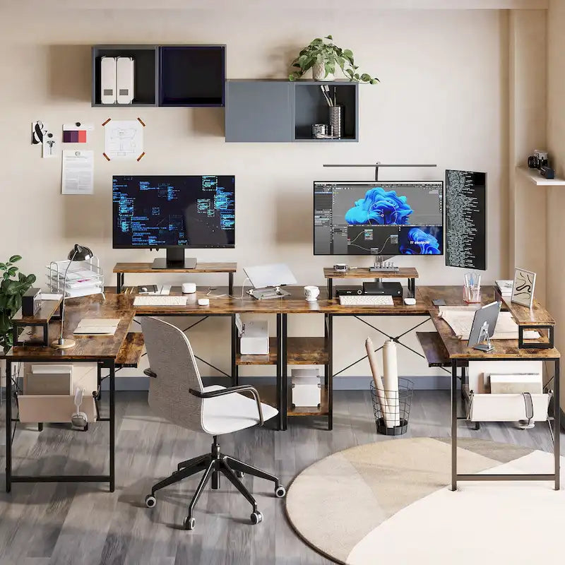 L Shaped Desk LED 95.2 Inch Computer Corner Desk with Keyboard Tray Monitor Stand