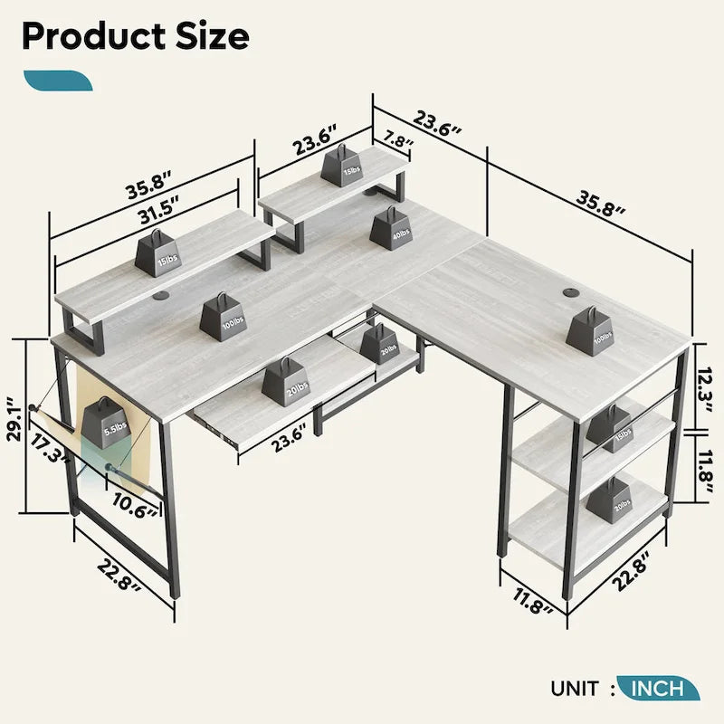 L Shaped Desk LED 95.2 Inch Computer Corner Desk with Keyboard Tray Monitor Stand