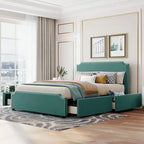 Upholstered Platform Bed with Stud Trim and 4 Drawers