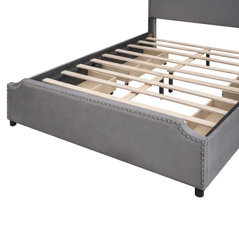 Upholstered Platform Bed with Stud Trim and 4 Drawers
