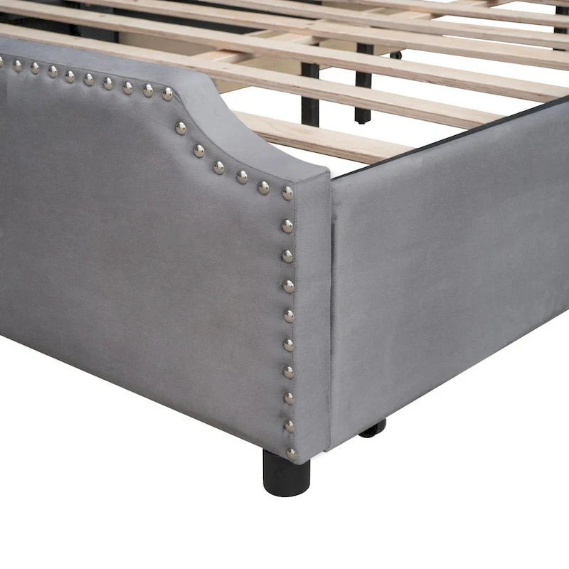 Upholstered Platform Bed with Stud Trim and 4 Drawers