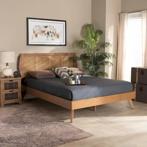 Asami Walnut Finished Wood and Synthetic Rattan Platform Bed