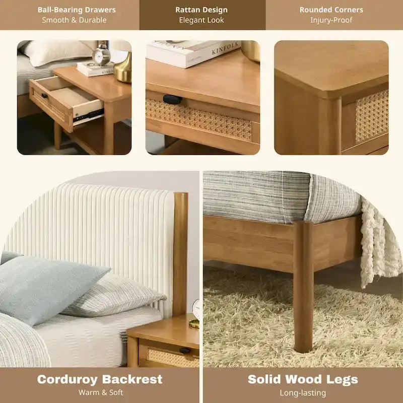 Vichy 3-Piece Bedroom Set, Platform Bed with Two Nightstands, Queen