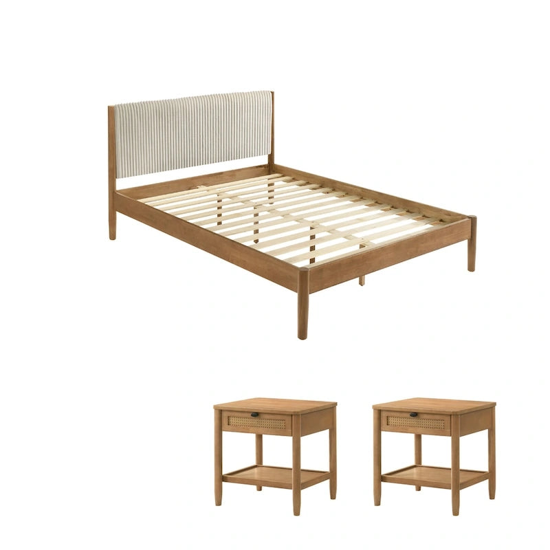 Vichy 3-Piece Bedroom Set, Platform Bed with Two Nightstands, Queen
