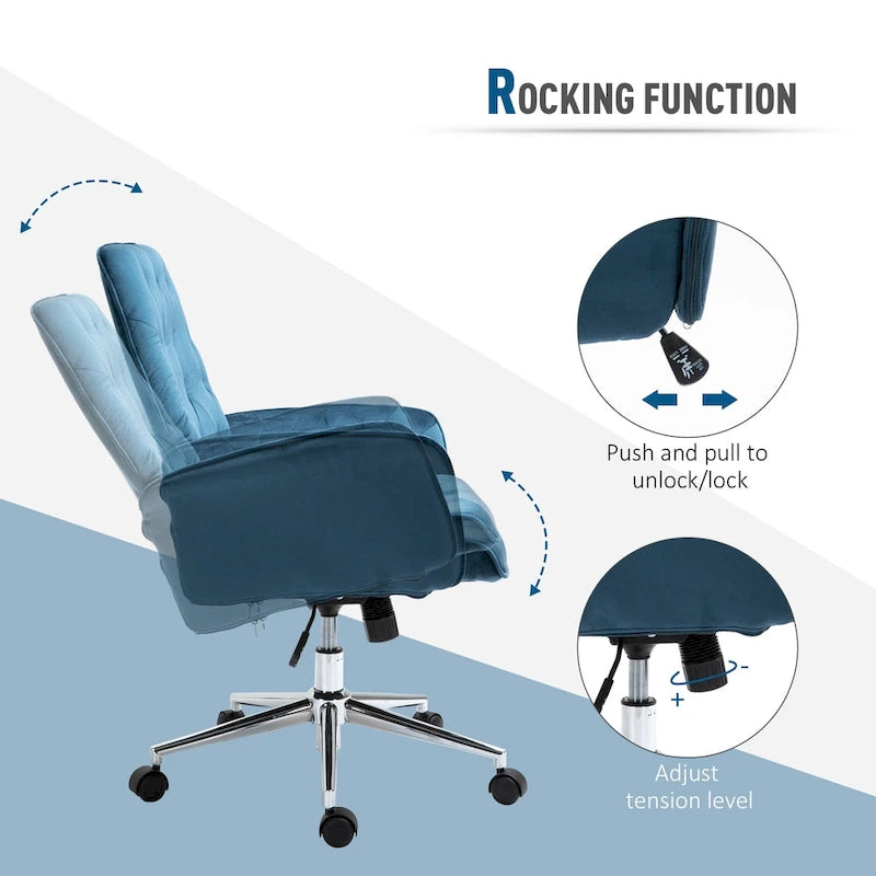 Vinsetto Modern Mid-Back Tufted Velvet Home Office Desk Chair with Arms, Swivel Adjustable Accent Chair with Soft Seat